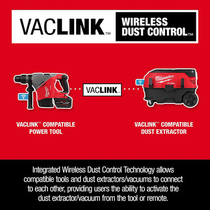 VacLink wireless dust control system advertisement with power tool and dust extractor on a red background.