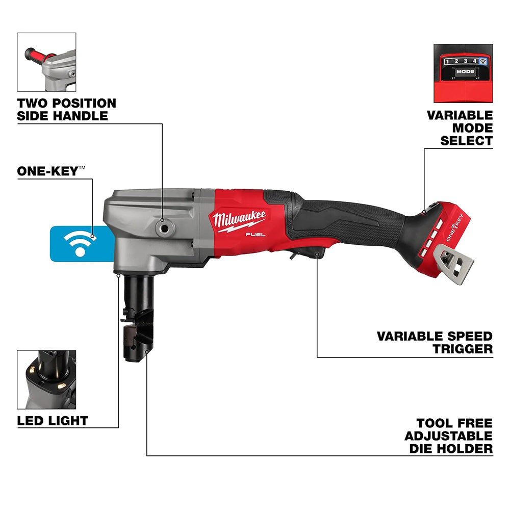 Milwaukee tool with features highlighted on a white background