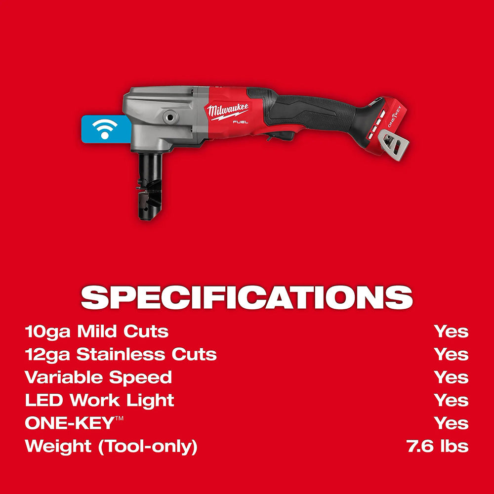Milwaukee tool on a red background with specifications listed.