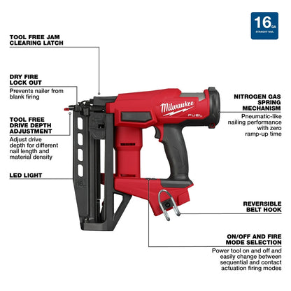 M18 FUEL™ 16 Gauge Straight Finish Nailer with feature labels on a white background