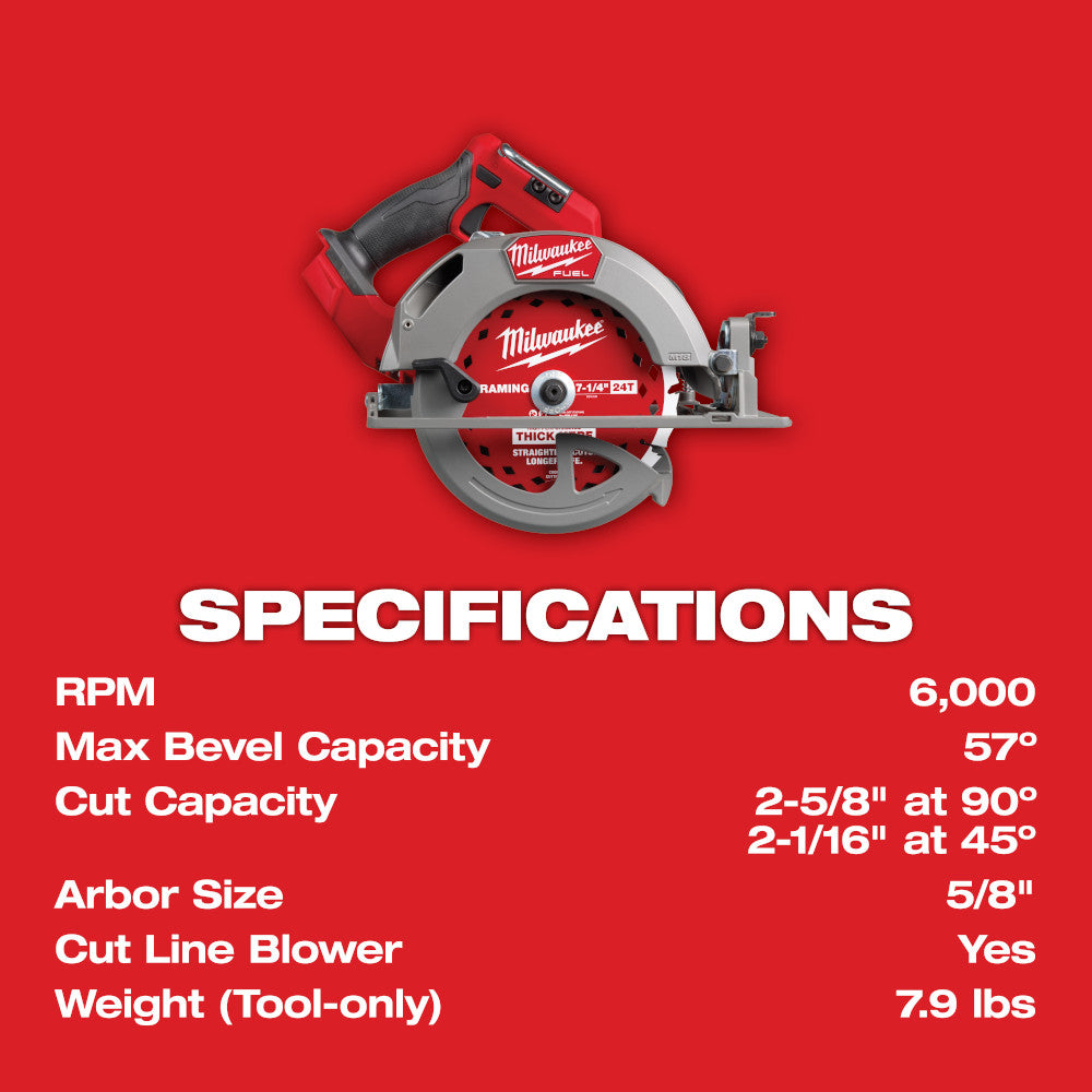 M18 FUEL™ 7-1/4” Circular Saw with specifications on a red background
