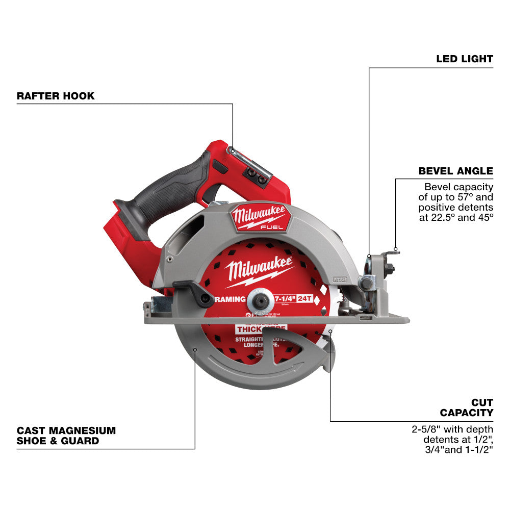 M18 FUEL™ 7-1/4” Circular Saw with labeled parts on a white background
