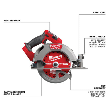 M18 FUEL™ 7-1/4” Circular Saw with labeled parts on a white background
