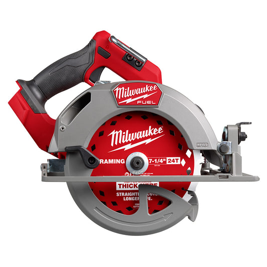 Milwaukee M18 FUEL 7-1/4 inch cordless circular saw with a red and gray color scheme.