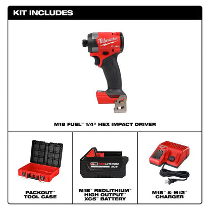 M18 FUEL™ Brushless Cordless 1/4 in. Hex Impact Driver Kit with 5.0Ah Battery/Charger & PACKOUT Tool-Box