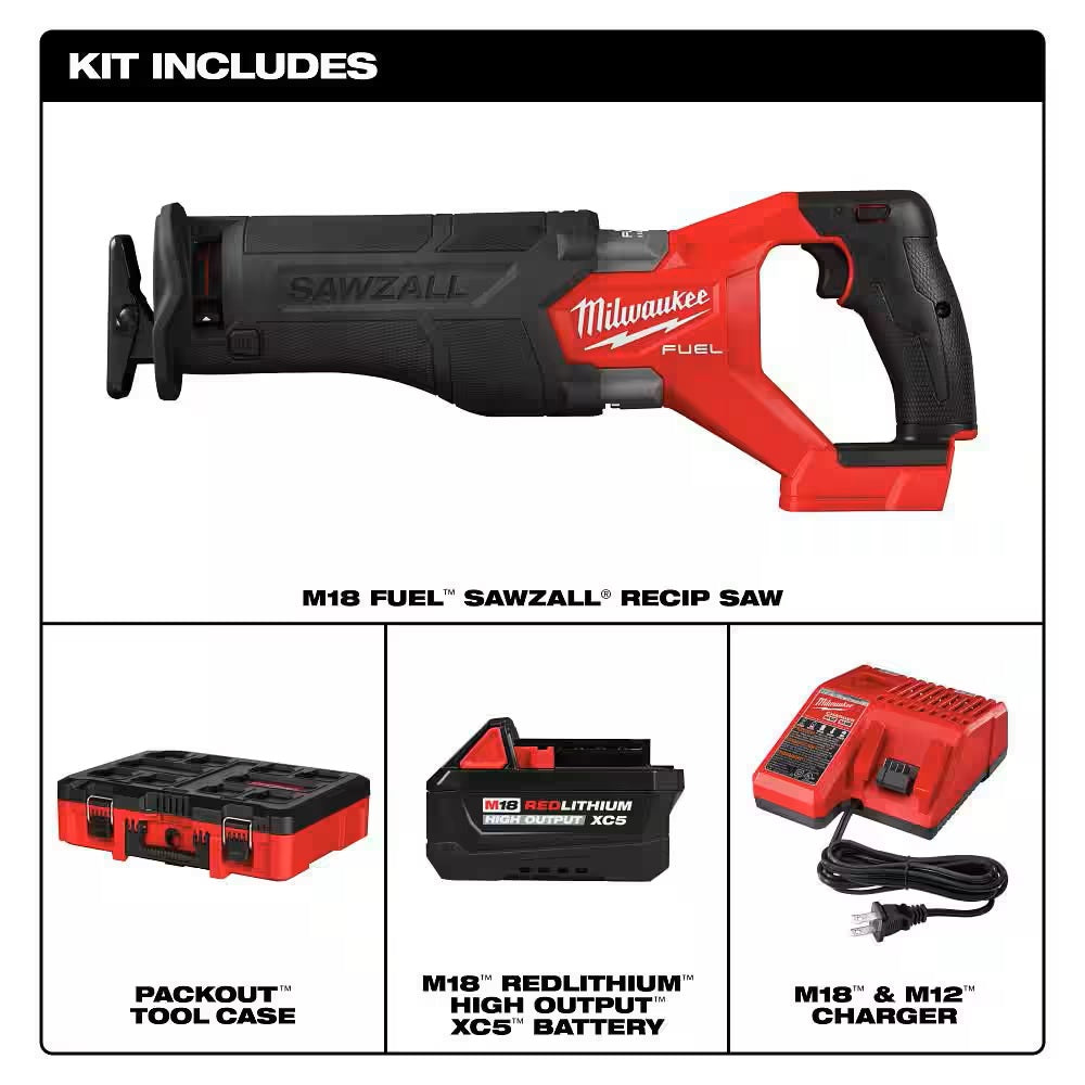 M18 FUEL Brushless Cordless SAWZALL Reciprocating Saw Kit with 5.0Ah Battery/Charger & PACKOUT Tool-Box