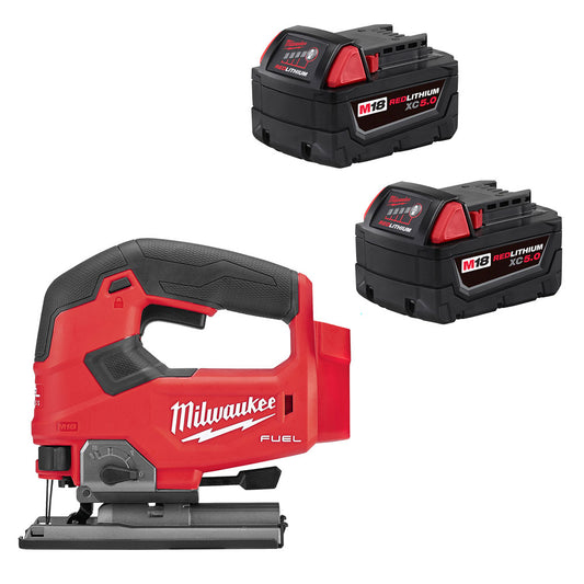 M18 FUEL™ D-handle Jig Saw with two batteries on a white background