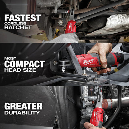Milwaukee cordless ratchet being used on a vehicle, with text highlighting features.