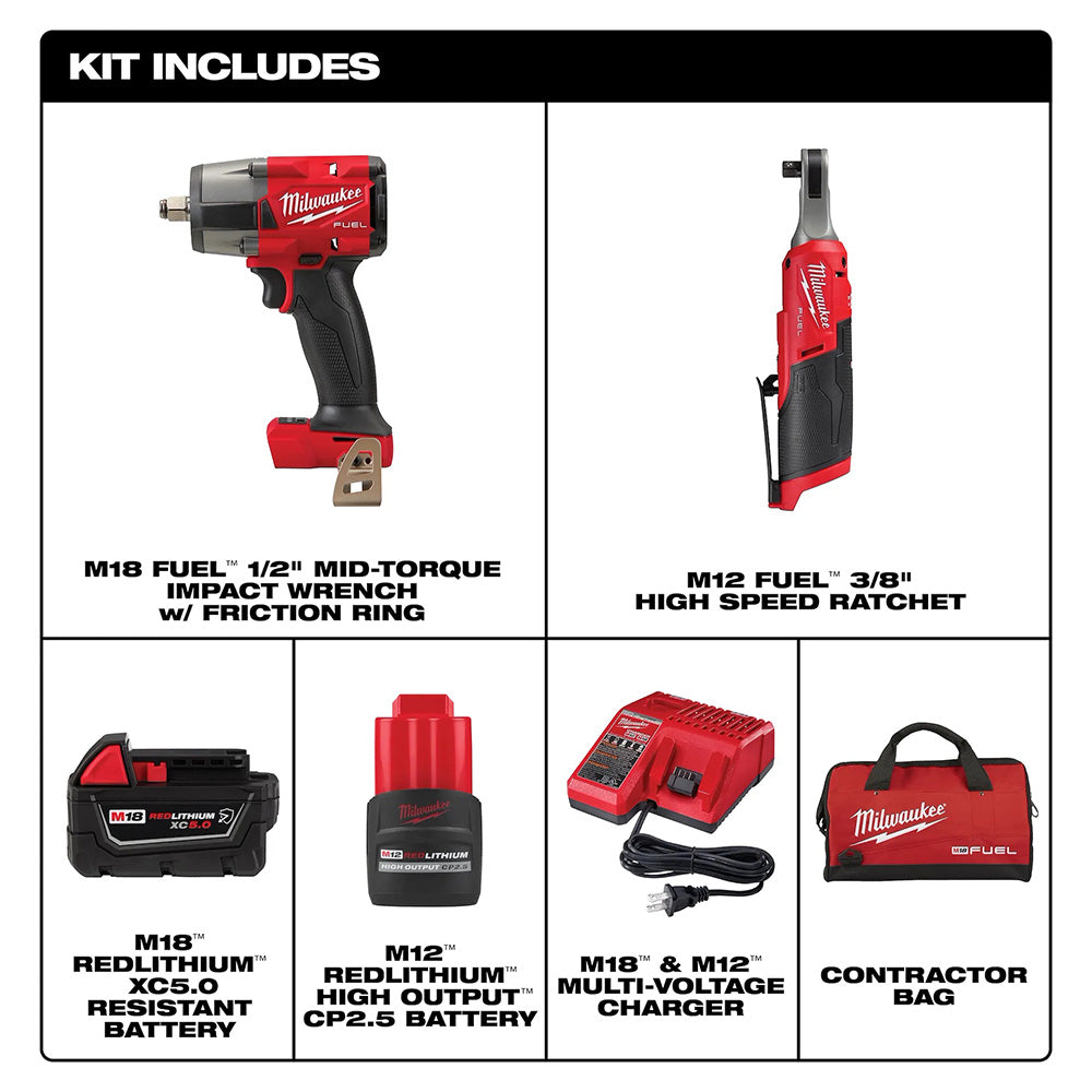 Milwaukee tool kit with impact wrench, ratchet, batteries, charger, and bag on a white background.