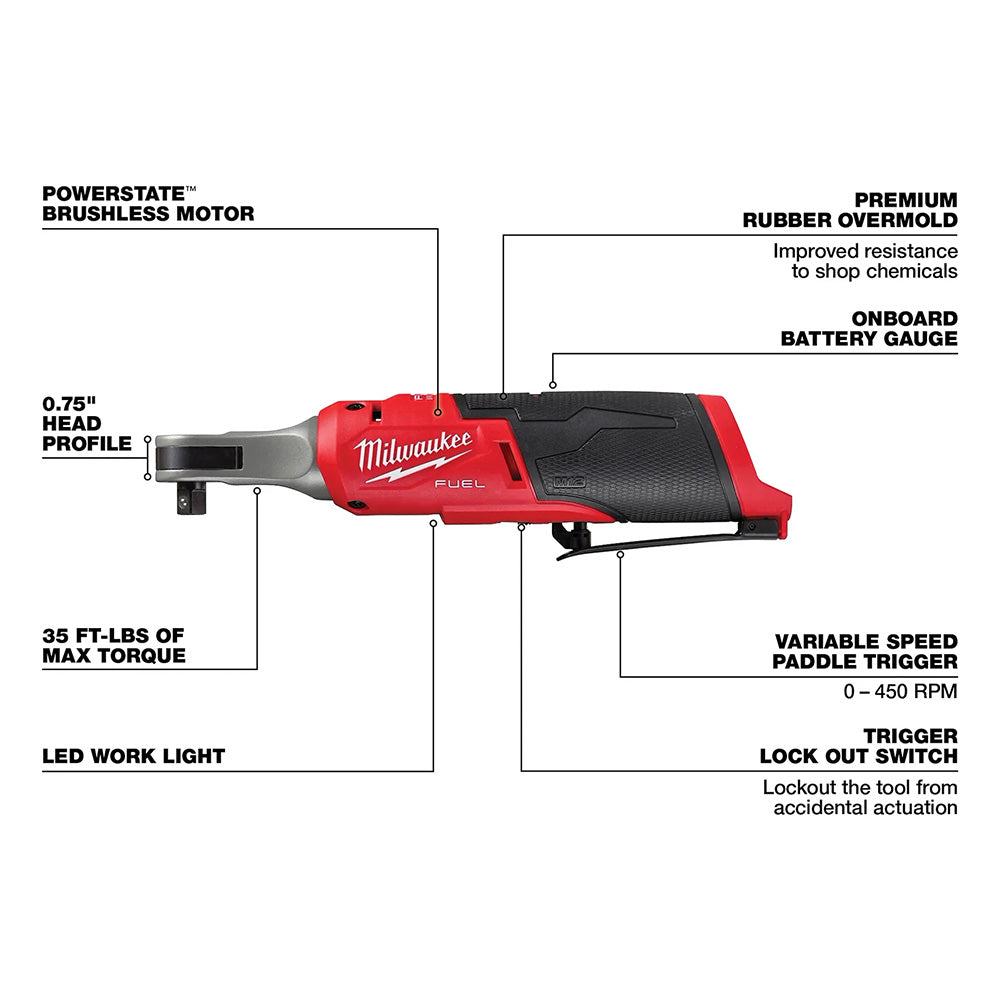 Milwaukee tool with features highlighted on a white background