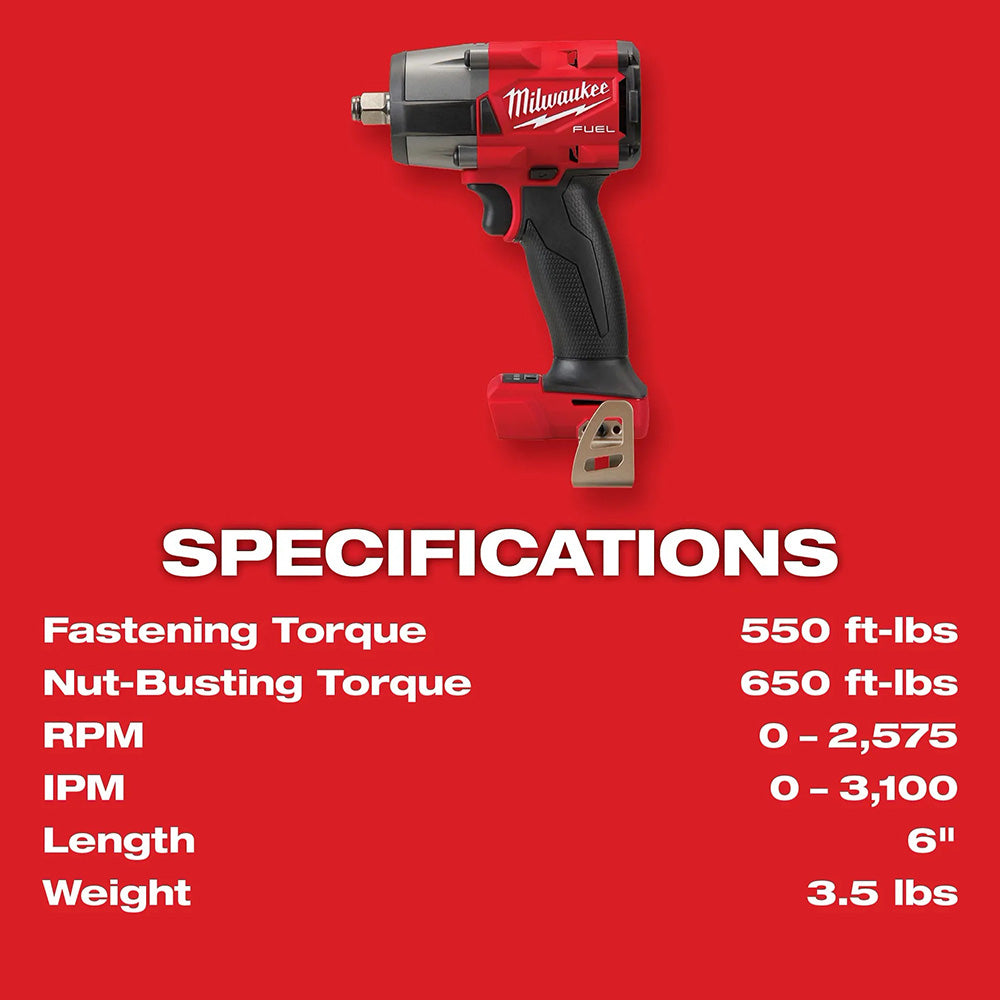 Milwaukee impact wrench on a red background with specifications listed.
