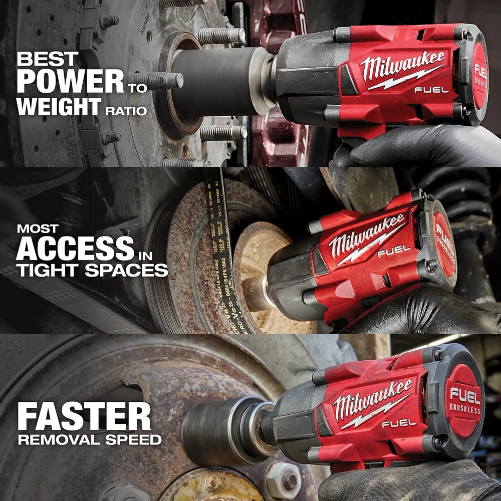 Milwaukee FUEL impact driver being used on a mechanical component with text highlighting features.