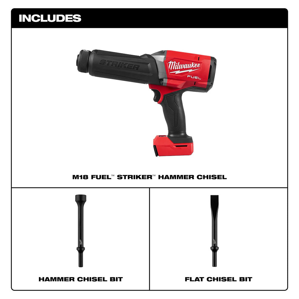 Includes M18 FUEL STRIKER Hammer Chisel, Hammer Chisel Bit, Flat Chisel Bit