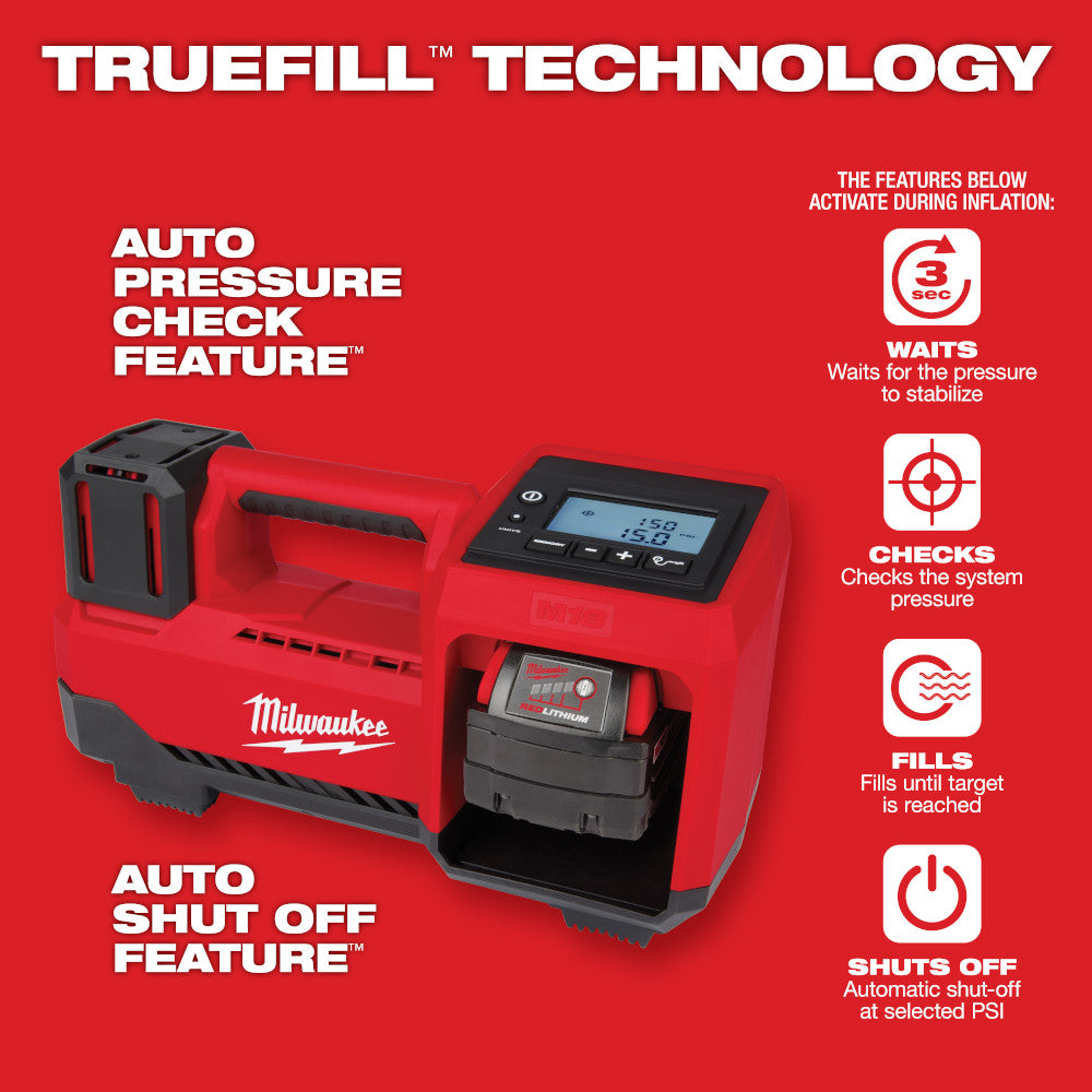 M18 Inflator with digital display and feature icons on a red background