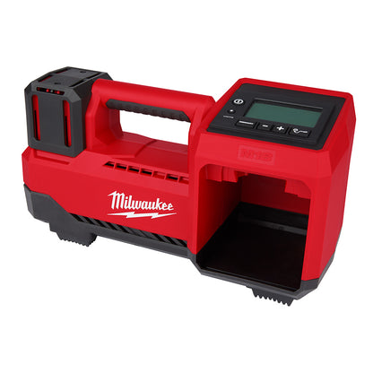 A red and black Milwaukee M18 cordless tire inflator with a digital display, designed for inflating medium-duty tires.