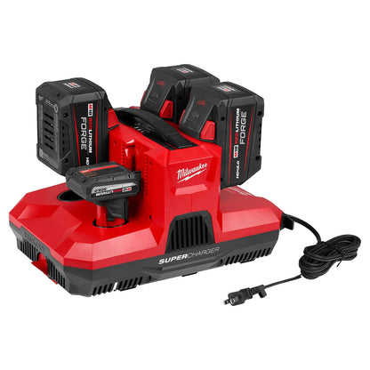 Milwaukee Super Charger with four red and black batteries on a white background