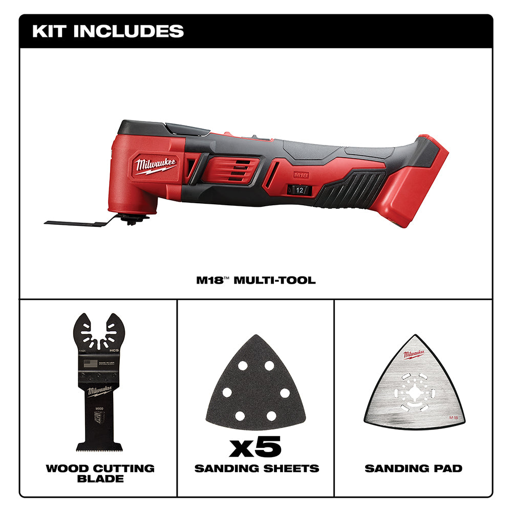 Kit Includes M18 Multi-Tool, Wood Cutting Blade, x5 Sanding Sheets, Sanding Pad