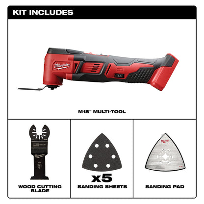 Kit Includes M18 Multi-Tool, Wood Cutting Blade, x5 Sanding Sheets, Sanding Pad