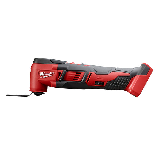 A red and black Milwaukee multi-tool with a blade attached, designed for use in various jobsite applications.