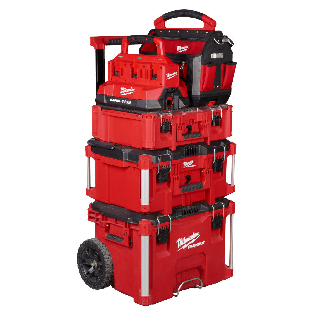 Stack of PACKOUT™ toolboxes and a M18™ PACKOUT™ Six Bay Rapid Charger on a white background