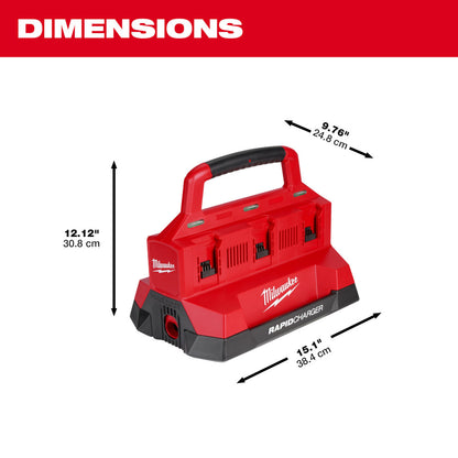 M18™ PACKOUT™ Six Bay Rapid Charger with labeled dimensions on a white background