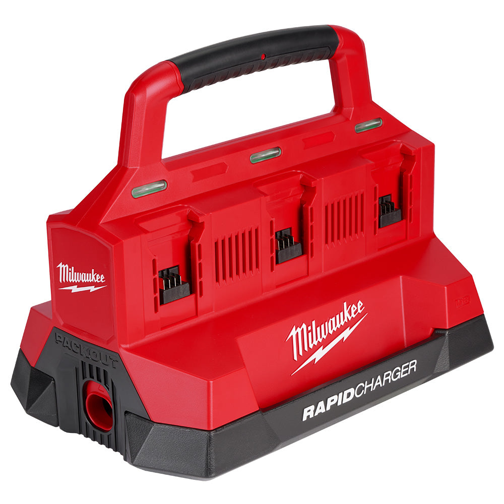 A red and black Milwaukee M18™ PACKOUT™ Six Bay Rapid Charger with a carrying handle and multiple battery slots.