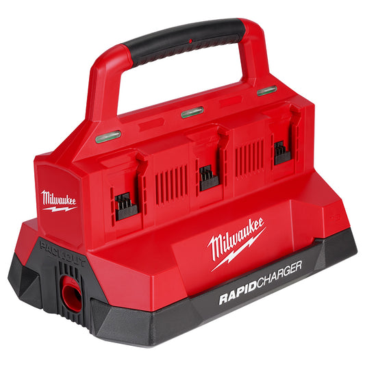 A red and black Milwaukee M18™ PACKOUT™ Six Bay Rapid Charger with a carrying handle and multiple battery slots.