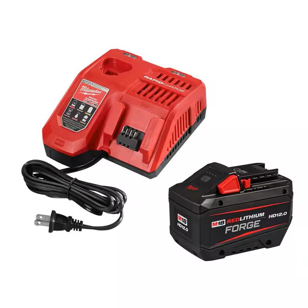 Red and black Milwaukee battery charger and battery pack on a white background