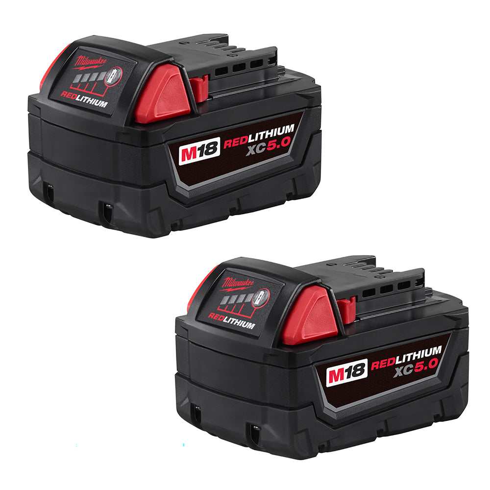 Two Milwaukee M18 RedLithium XC5.0 batteries on a white background