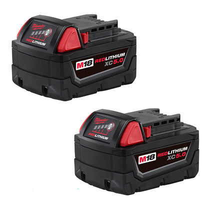 Two Milwaukee M18 RedLithium XC5.0 batteries on a white background