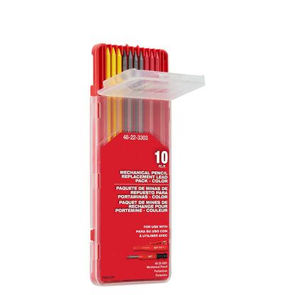 Red packaging of mechanical pencil lead refills with yellow, gray, and red leads on a white background.