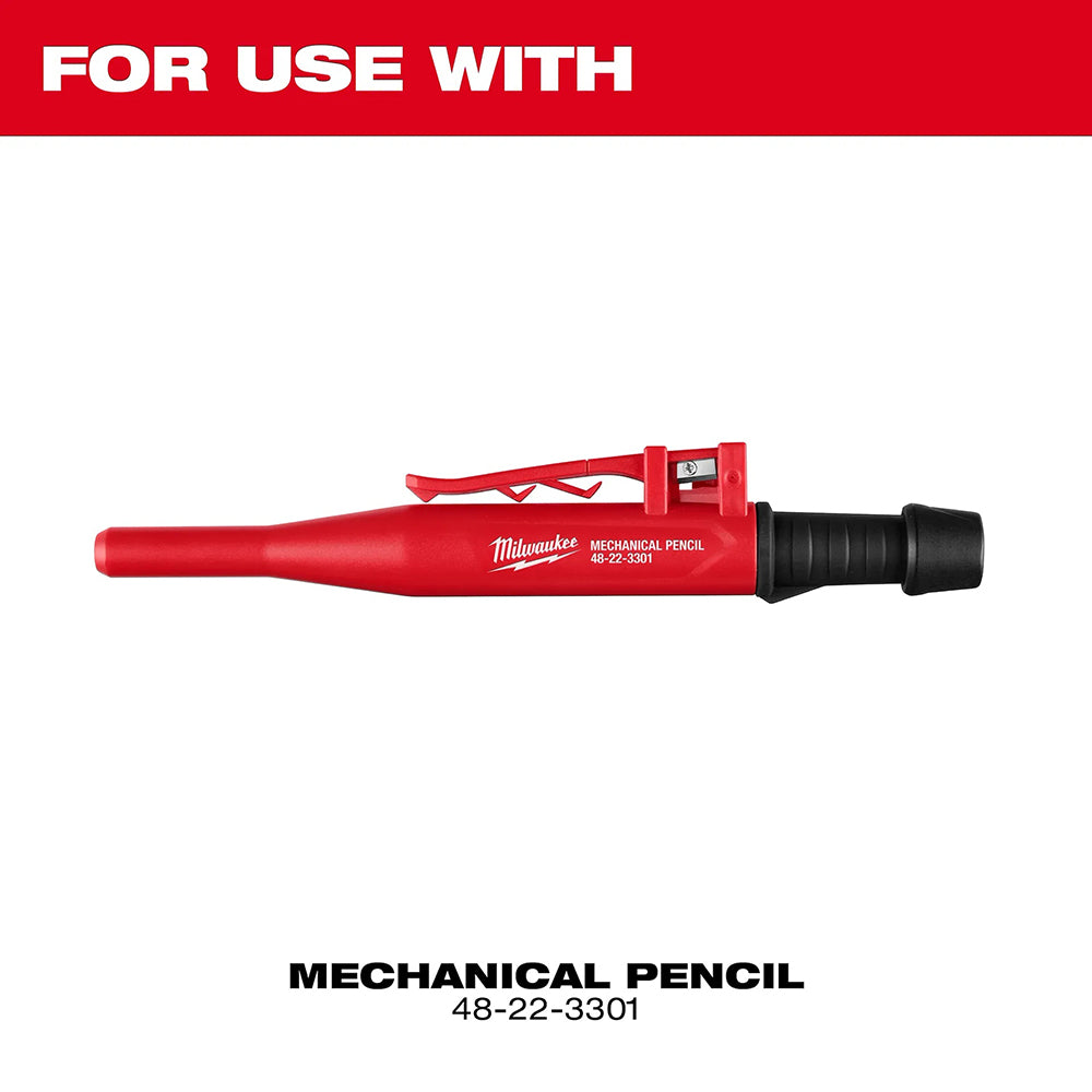 Red Milwaukee mechanical pencil on a white background with text indicating use.