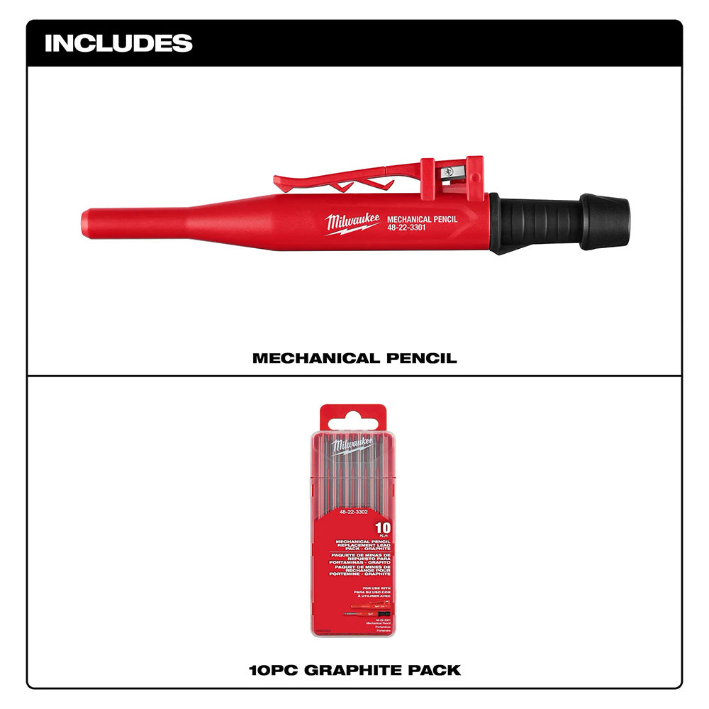 Milwaukee mechanical pencil and graphite pack on a white background