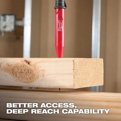 Red mechanical pencil on a wooden surface with text 'Better access, deep reach capability' against a blurred background.