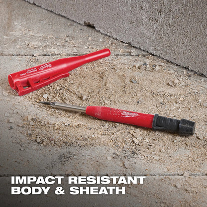 Red Milwaukee mechanical pencil on a concrete surface with 'Impact Resistant Body & Sheath' text.