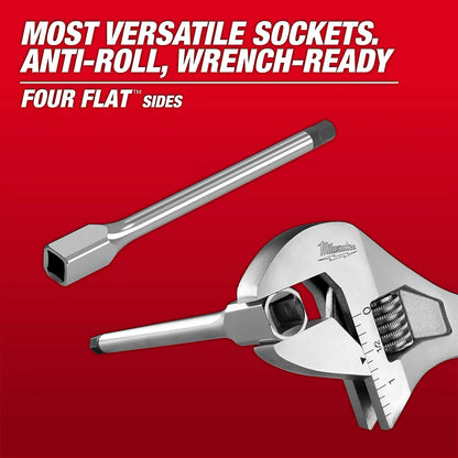 Wrench and socket tool set on a red background with text highlighting features.