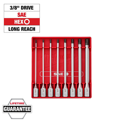 Set of screwdrivers in a red case with '3/8" Drive SAE Hex Long Reach' text on a white background.
