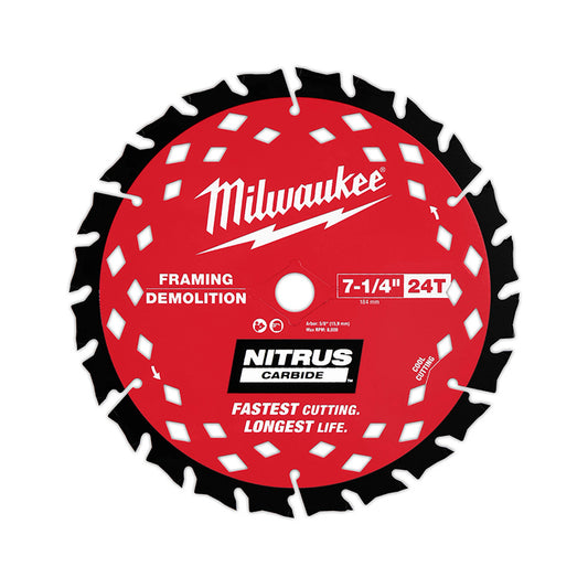 Milwaukee circular saw blade with red and black design on a white background