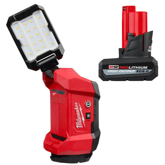 Red Milwaukee work light with battery on a white background