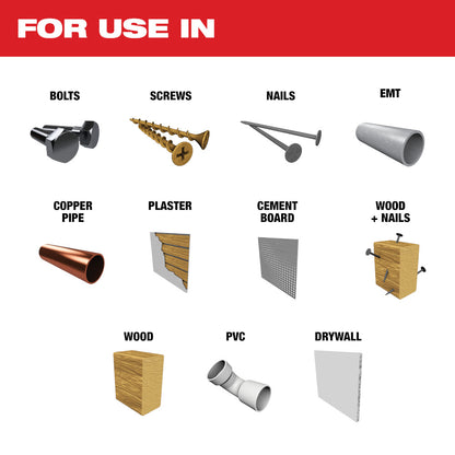 For use in Bolts, Screws, Nails, EMT, Copper Pipe, Plaster, Cement Board, Wood + Nails, Wood, PVC, Drywall