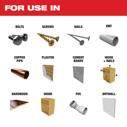 For use in Bolts, Screws, Nails, EMT, Copper Pipe, Plaster, Cement Board, Wood + Nails, Hardwood, Wood, PVC, Drywall
