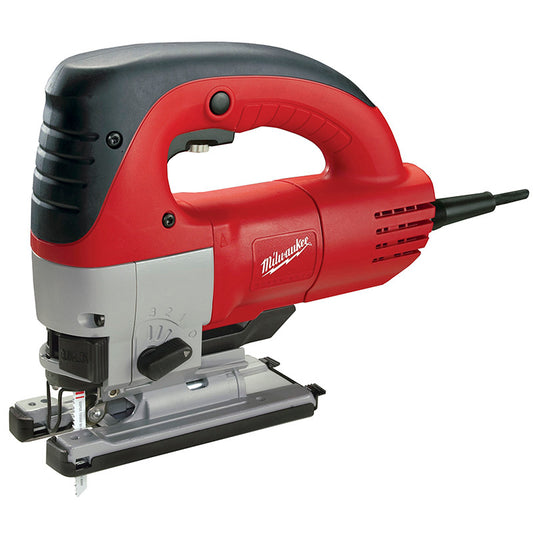 Milwaukee orbital jig saw with LED light, predominantly red with a black handle and gray accents, designed for precision cutting.