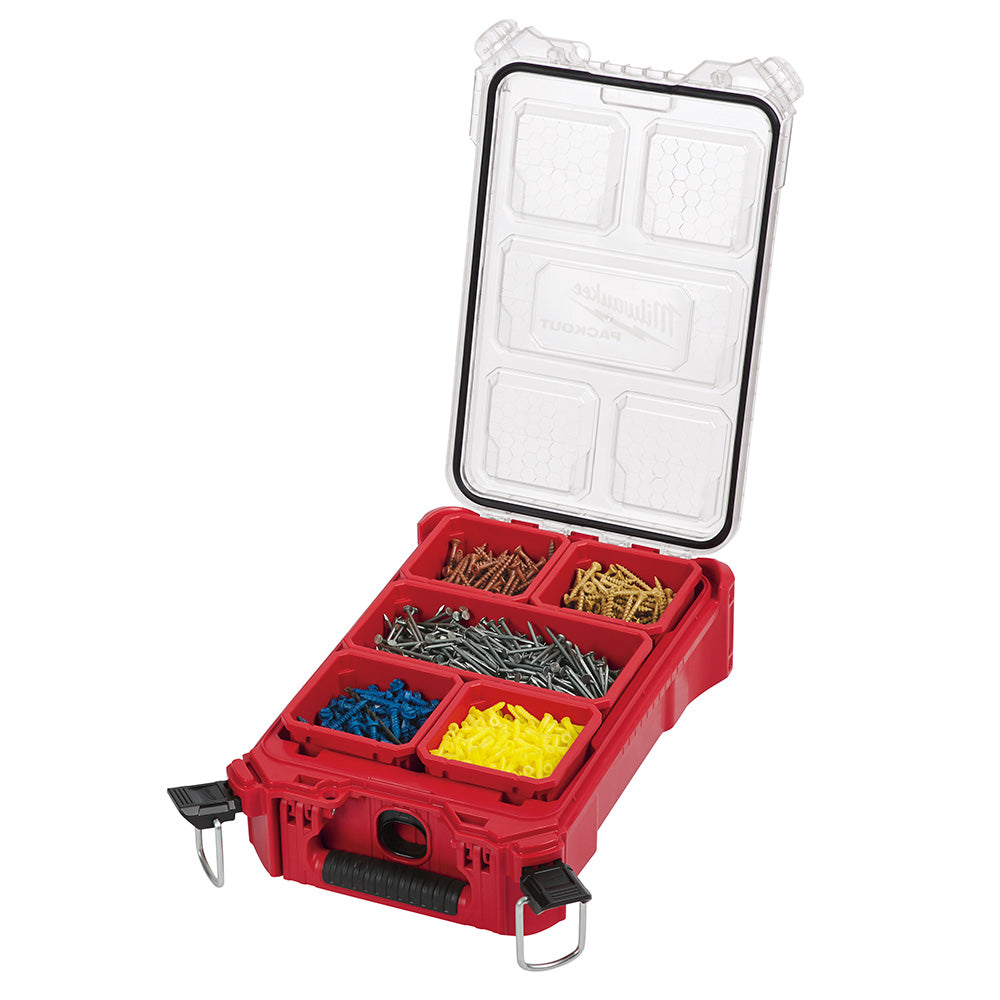 PACKOUT™ Compact Organizer with compartments filled with screws and other small items on a white background.