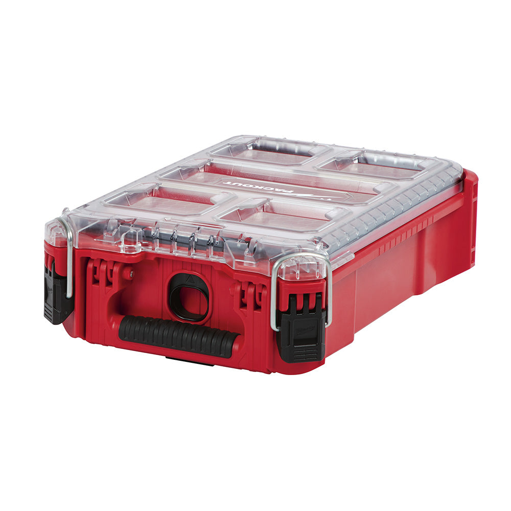 A red and clear Milwaukee PACKOUT Compact Organizer with heavy duty latches and multiple compartments.