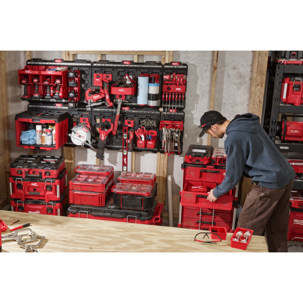 Wall full PACKOUT Boxes and tools in a shop setting