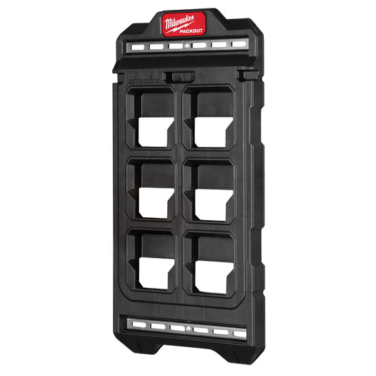 A black PACKOUT Compact Wall Plate by MILWAUKEE, featuring quick-alignment tabs and multiple compartments for organizing tools or components.
