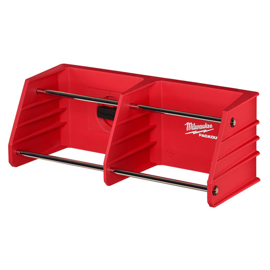A red Milwaukee PACKOUT tool rack designed to store various tools with a modular storage system.