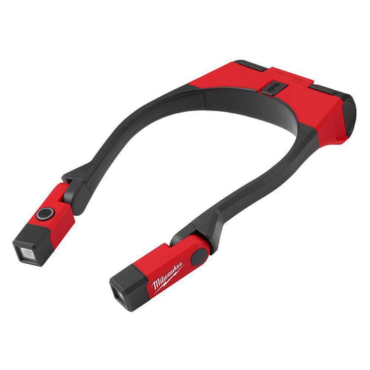 Red and black Milwaukee headlamp with USB cable on a white background