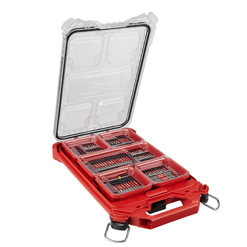 A red heavy-duty bit holder with a clear lid, containing an organized set of various driver bits.