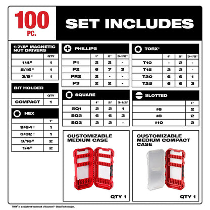 Product packaging list for a 100-piece tool set with tool bit specifications and case options.